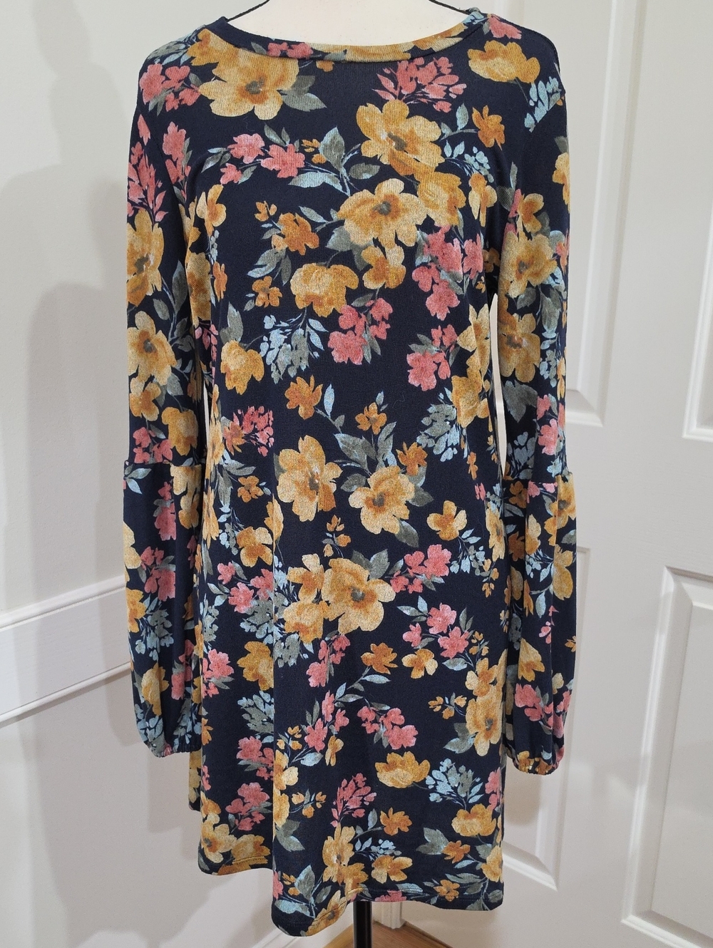 As U Wish Navy Blue Floral Long Sleeve Dress - Yellow / Coral / Teal - Size M